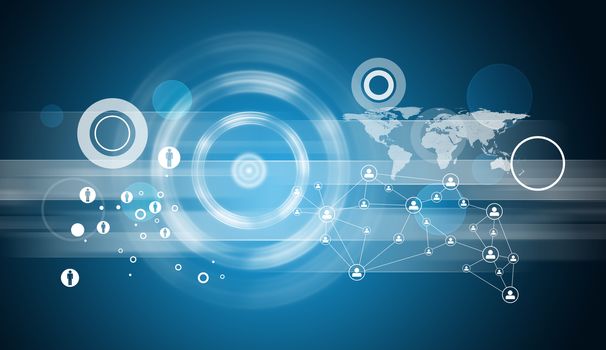 Network, circles and world map. Technology background