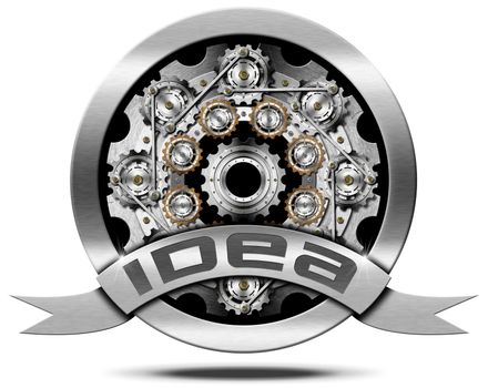 Metal icon with many gears and text idea on an metal ribbon. Isolated on white background