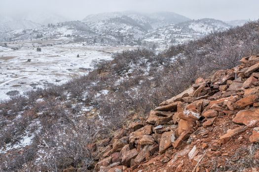 snowstorm over Rocky Mountains foothills, Lory State Park near Fort Collins, Colorado