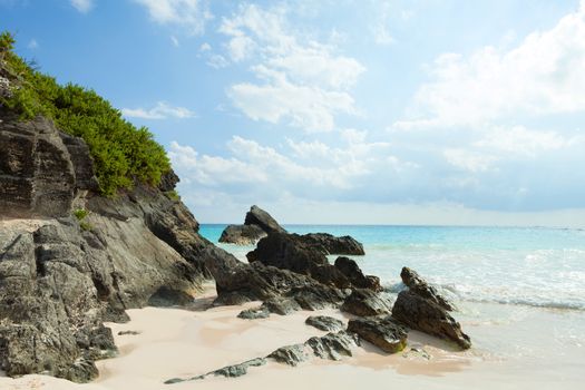 Bermuda Horseshoe Bay beach scene empty without any tourists.