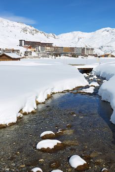 Vertical view of Tignes village in winter, France.