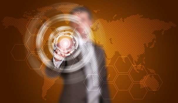 Businessman in suit finger presses virtual button. Glow circles, hexagons and world map