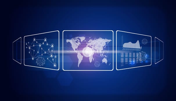 Rectangles, world map and network. The technology concept