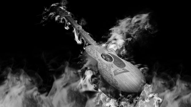 Acoustic classical guitar in smoke on black background