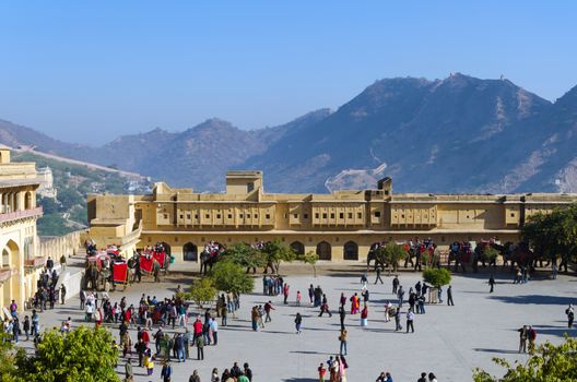 Jaipur, India - December 29, 2014: Tourist visit Amber Fort near Jaipur, Rajasthan, India on December 29, 2014. The Fort was built by Raja Man Singh I. 