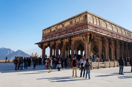 Jaipur, India - December 29, 2014: Tourist visit Diwan-I-Am in Amber Fort near Jaipur, Rajasthan, India on December 29, 2014. The Fort was built by Raja Man Singh I. 