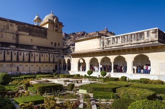 Jaipur, India - December 29, 2014: Tourist visit Sukh Niwas the Third Courtyard in Amber Fort near Jaipur, Rajasthan, India on December 29, 2014. The third courtyard is where the private quarters of the Maharaja, his family and attendants were built.