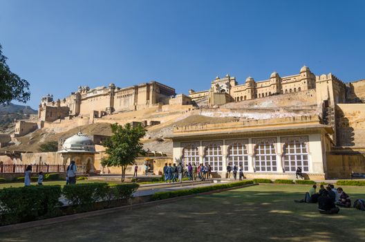 Jaipur, India - December29, 2014: Tourist visit Amber Fort near Jaipur, Rajasthan, India on December29, 2014. The Fort was built by Raja Man Singh I. 