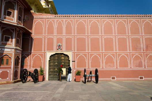 Jaipur, India - December 29, 2014: Indian soldier at The City Palace complex on December 29, 2014 in Jaipur, India . It was the seat of the Maharaja of Jaipur, the head of the Kachwaha Rajput clan. 