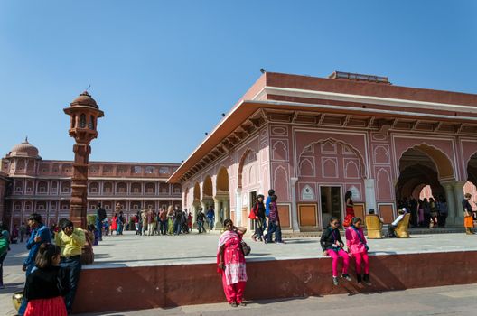 Jaipur, India - December 29, 2014: People visit The City Palace complex on December 29, 2014 in Jaipur, India . It was the seat of the Maharaja of Jaipur, the head of the Kachwaha Rajput clan. 