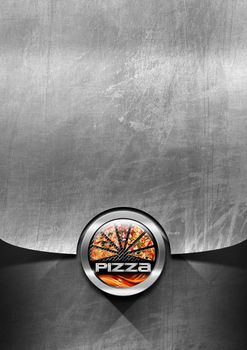 Pizza menu design with metallic round pizza symbol with flames on steel brushed background