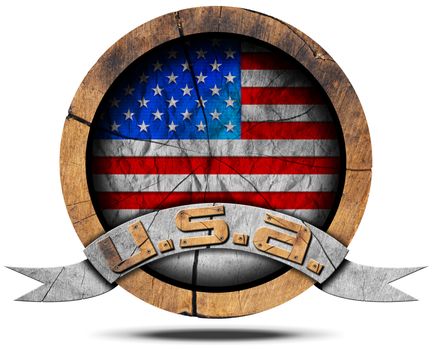 Wooden icon or symbol with USA flag with wooden ribbon with text U.S.A. Isolated on white background