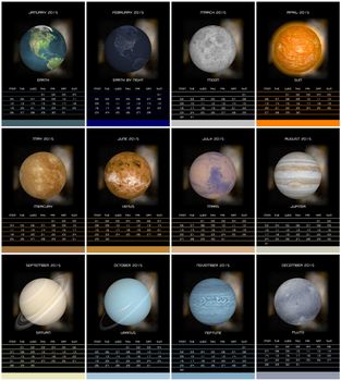 European 2015 year calendar with week starting from monday and solar system planets