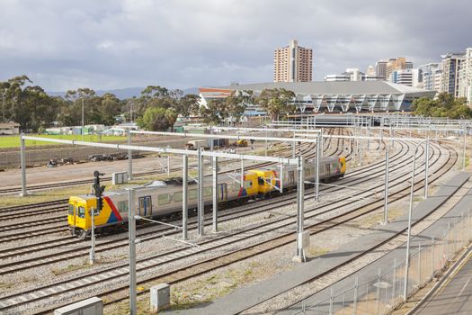 Train approaching the railway station in Adelaide, South Australia