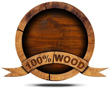 Wooden icon with wooden ribbon and text, 100% (percent) wood. Isolated on white background