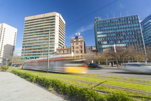 Tram passing by in the downtown Adelaide, South Australia