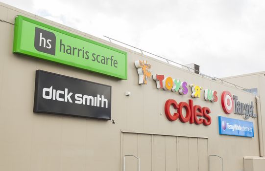 Melbourne, Australia - July 18, 2014: Retail signs outside Knox city, an Australian shopping mall in Melbourne. The signs include Dick Smith, Harris Scarfe, Toys R Us, Coles, Target and Terry White Chemists.