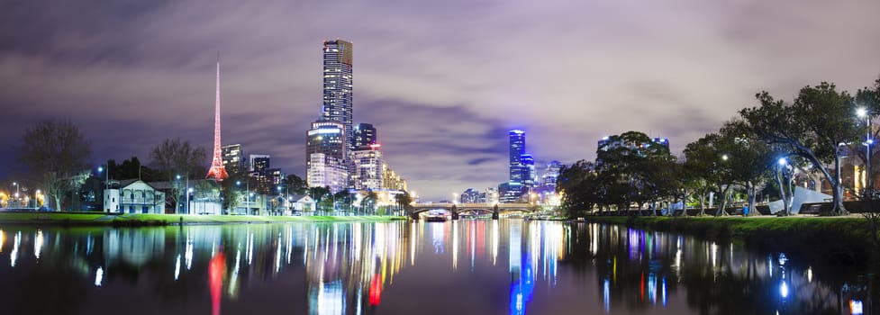 Panoramic view of skycrapers along the Yarra River in Melbourne, produced by stitching several images together