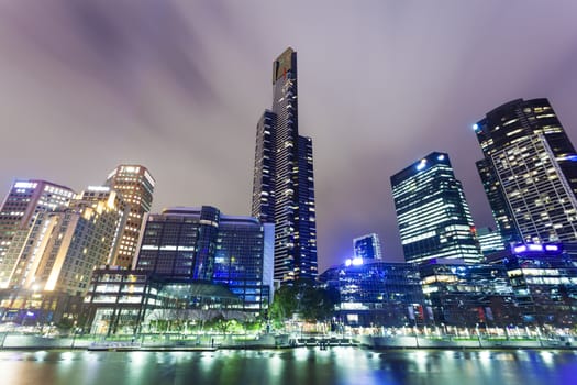 View of skyscrapers in Southbank precinct of Melbourne, Australia at night