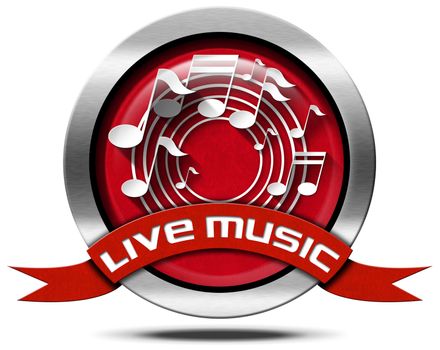 Metal icon or symbol with white and gray musical notes, red ribbon with text live music. Isolated on white background