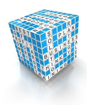 Crossword puzzle cube with business words, 3d render, white background