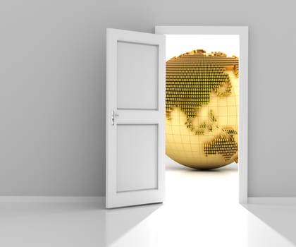 Opened door with golden globe formed by dollar sign, wtih copyspace, 3d render