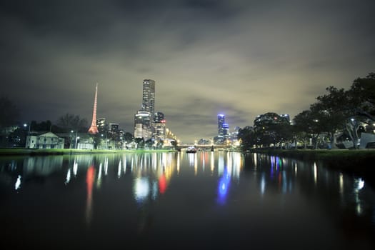 Panoramic view of skycrapers along the Yarra River in Melbourne