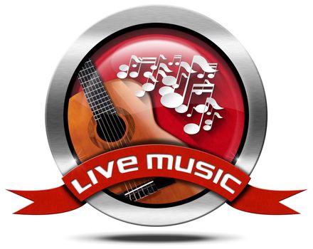 Metal icon or symbol with white musical notes and acoustic guitar, red ribbon with text live music. Isolated on white background