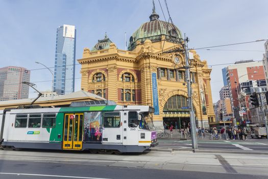 Melbourne, Australia - July 21, 2014: View of Finders Street Station in Melbourne, Australia. The station is the first railway station in Australia and one of the busiest stations.