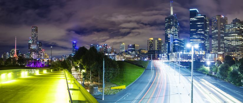 Panoramic view of Melbourne CBD at night
