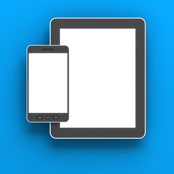 Generic digital tablet and smartphone against blue background, 3d render