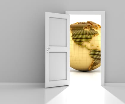 Opened door with golden globe formed by dollar sign, wtih copyspace, 3d render