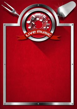 Red velvet background with kitchen utensils, metal frame and symbol of live music. Template for food menu and a live music event