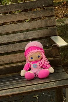 Pink doll on a wooden bench in the park