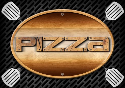 Oval wooden signboard with text pizza and four spatulas on a dark metallic grill