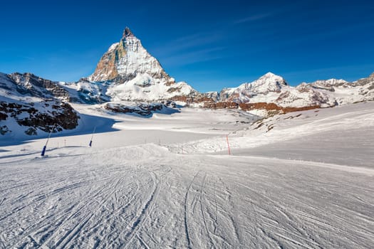 Sunny Ski Slope and Matterhorn Peak in Zermatt, Switzerland