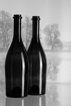 Two bottles and autumn landscape in the morning mist