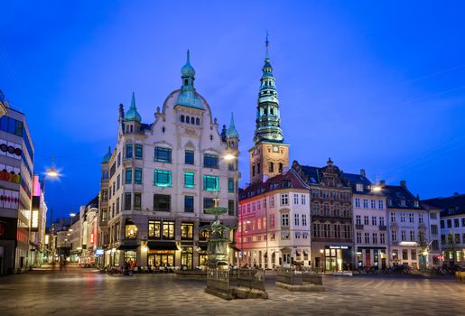 Amagertorv Square and Stork Fountain in the Old Town of Copenhagen, Denmark