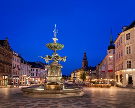 Amagertorv Square and Stork Fountain in the Old Town of Copenhagen, Denmark