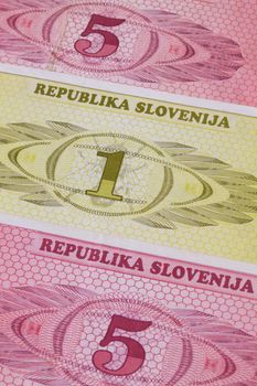 Different Tolar banknotes from Slovenia on the table