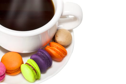 France dessert  macaroons and cup of coffee on white background 
,isolate
