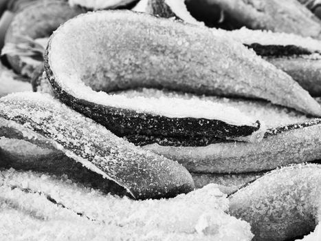 Black and White image of fresh fish with ice