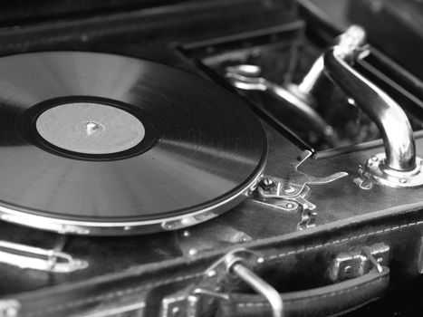 Black and white image of old retro record player