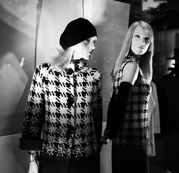 Black and white image of Window Display Clothes shop