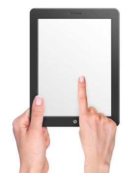 Modern computer tablet with hands. Black background