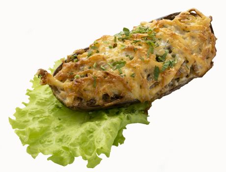 Isolated on white baked eggplant with vegetables.