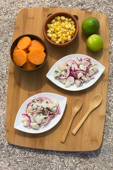 Overhead shot of Peruvian ceviche (raw fish and red onion marinated in lime juice with garlic, salt and coriander) served with sweet potato slices and cob kernels on wooden board on sand photographed with natural light