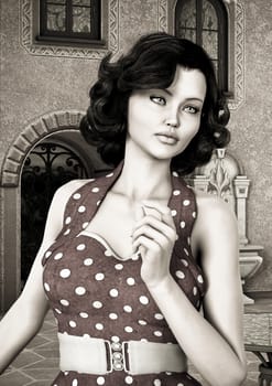 3D digital render of a beautiful vintage woman on a summer town background, old photo effect