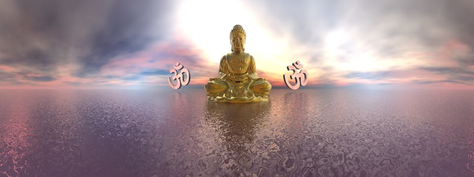 Buddha and aum symbol upon ocean by colorful sunset, 360 degrees effect - 3D render