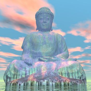 Big green buddha by pink sunset - 3D render